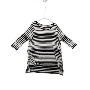 CHICOS Shirt Women’s 3/4 Sleeve Striped Tunic Cotton Blend Black/White 2(LG-12)
